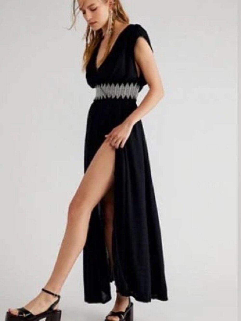 NWT Free People Devon Midi Maxi Smocked Black Boho Dress w/Pockets Women L